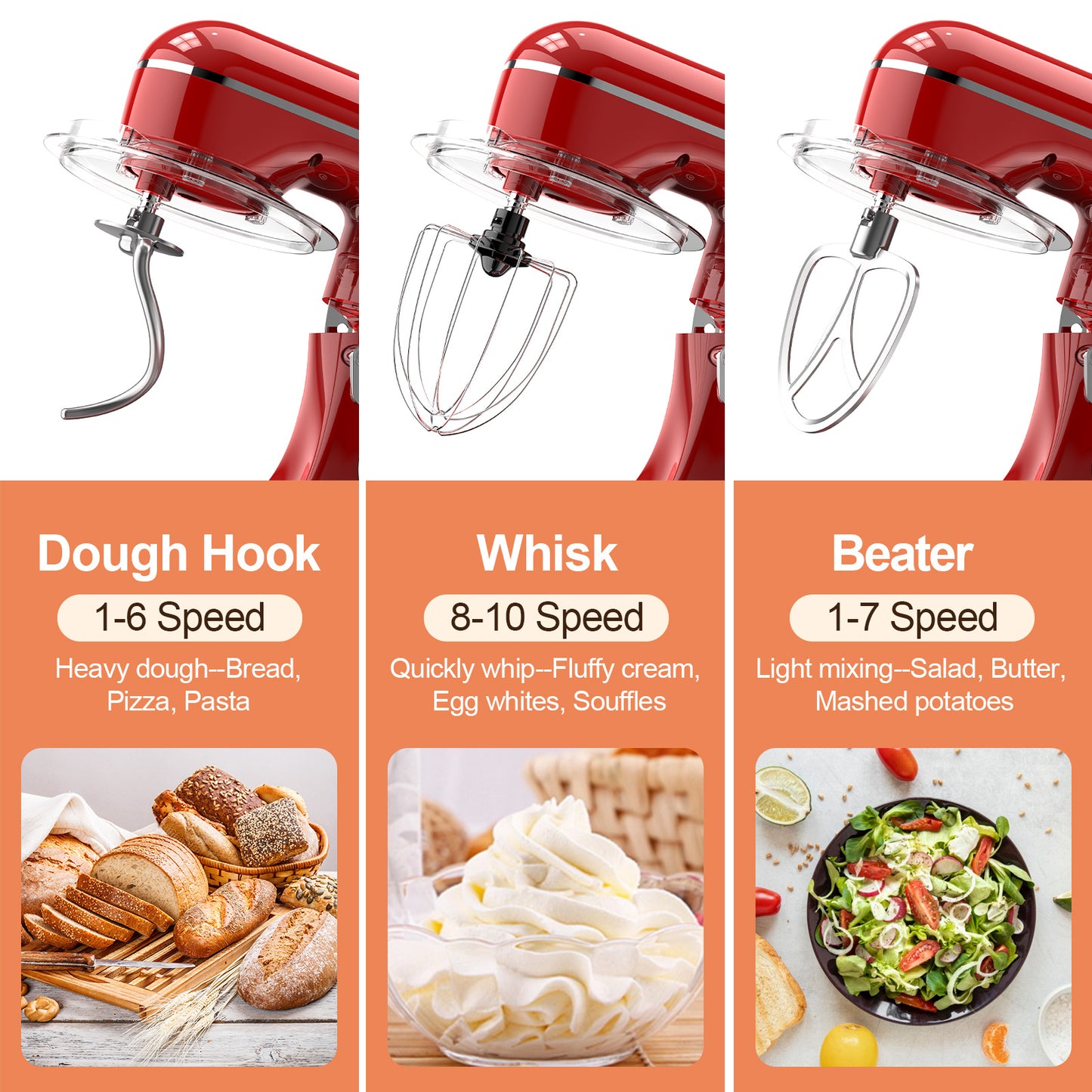 3-IN-1 Electric Stand Mixer, 660W 10-Speed With Pulse Button, Attachments Include 6.5QT Bowl, Dough Hook, Beater, Whisk For Most Home Cooks, Empire Red